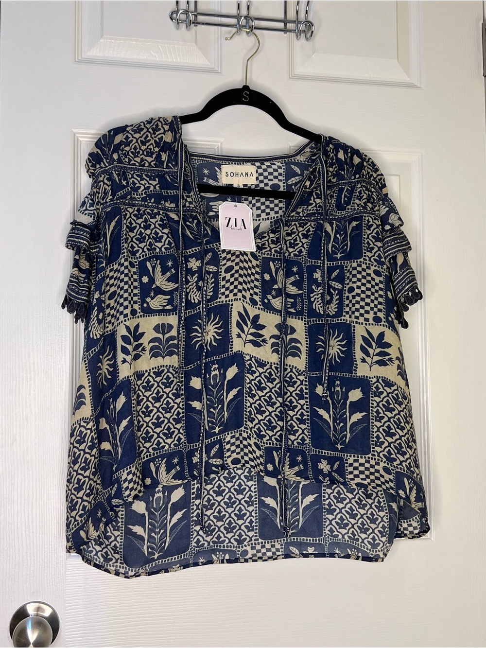 Sohana Irene Boho Peasant Celestial Floral Top Navy Blue Beige Yellow Size Small